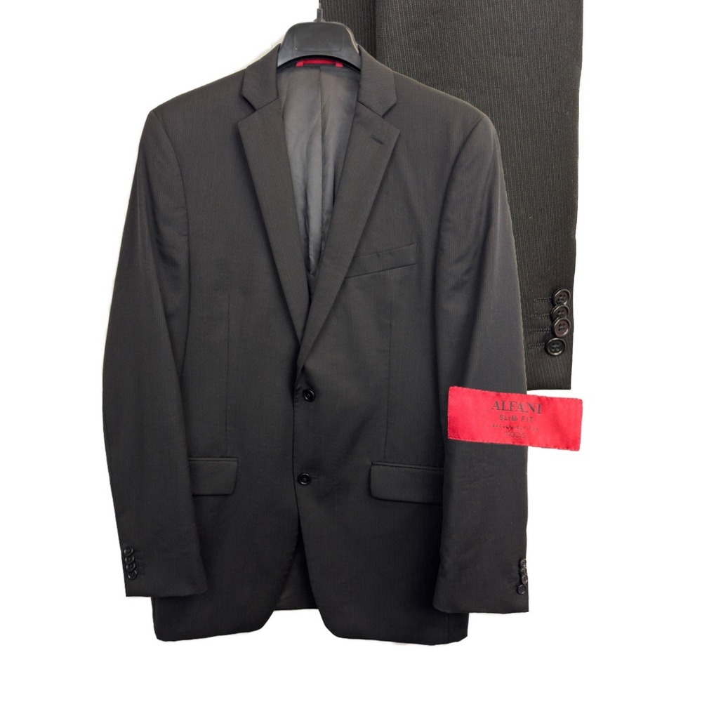 Alfani Blazer Mens 40L Slim Fit Wool Pinstripe Black Suit Jacket Sport Coat